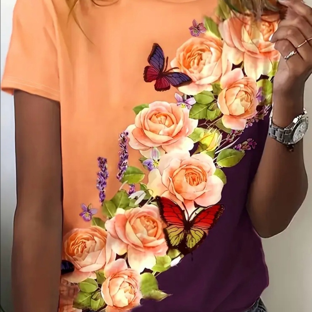 Women's Pink & Black Floral Butterfly Colorblock Tee - Picture 3 of 4